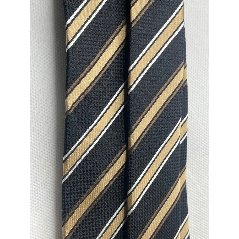 Vintage Stafford Performance Collegiate Stripe Tie Black Gold 100% Silk Necktie